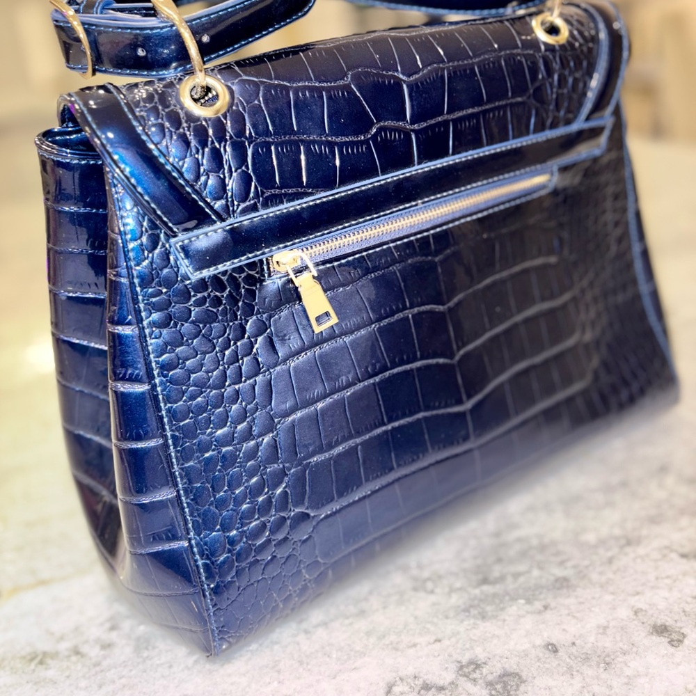 Blue Croc Embossed Satchel with Gold-Tone Hardware - Picture 3 of 16